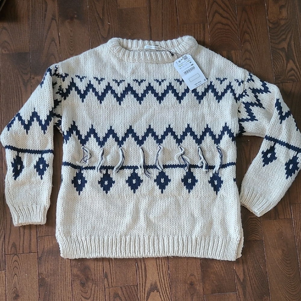 New Zara Girls Fancy Collection Cream and Navy Patterned Sweater Size 13-14